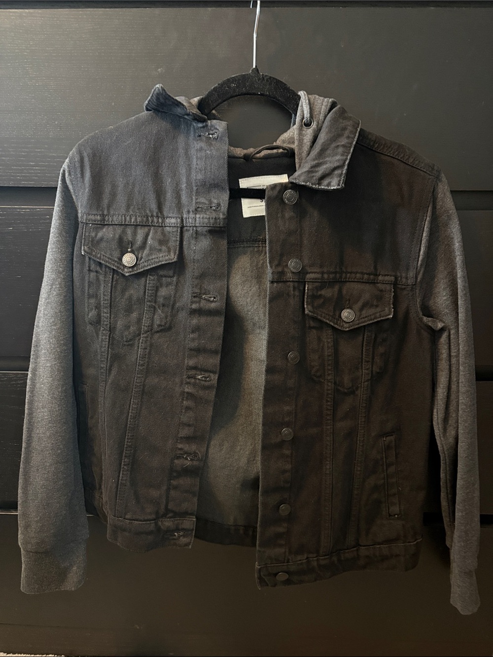 Women’s Black Hooded Denim Jacket with Knit Sleeves